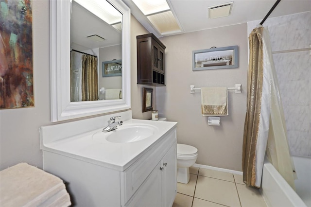 full bathroom with tile patterned flooring, vanity, shower / bathtub combination with curtain, and toilet