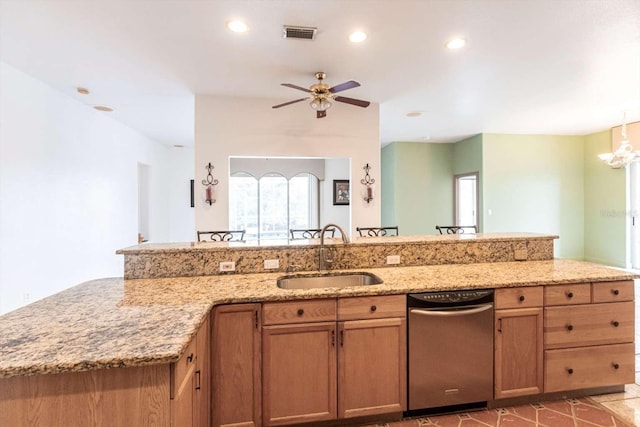 kitchen with light stone countertops, sink, stainless steel dishwasher, and ceiling fan