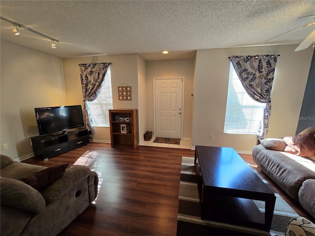 living room featuring plenty of natural light, dark hardwood / wood-style floors, and a textured ceiling