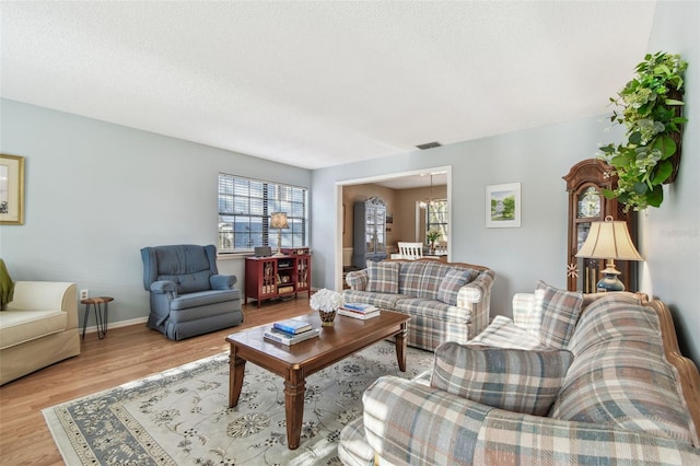 living room with hardwood / wood-style floors and a textured ceiling