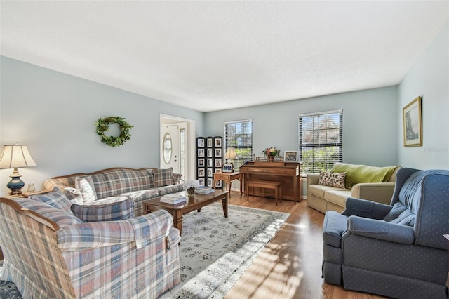 living room featuring light hardwood / wood-style flooring and a textured ceiling