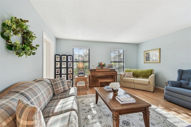 living room with a textured ceiling and light wood-type flooring