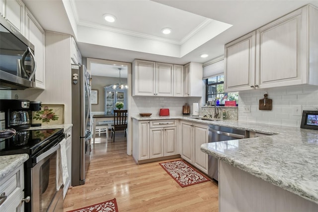 kitchen featuring appliances with stainless steel finishes, sink, light stone counters, a raised ceiling, and light wood-type flooring