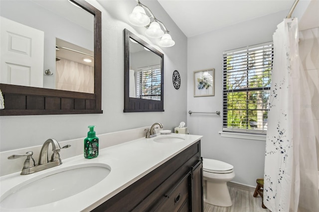 bathroom with vanity, curtained shower, and toilet