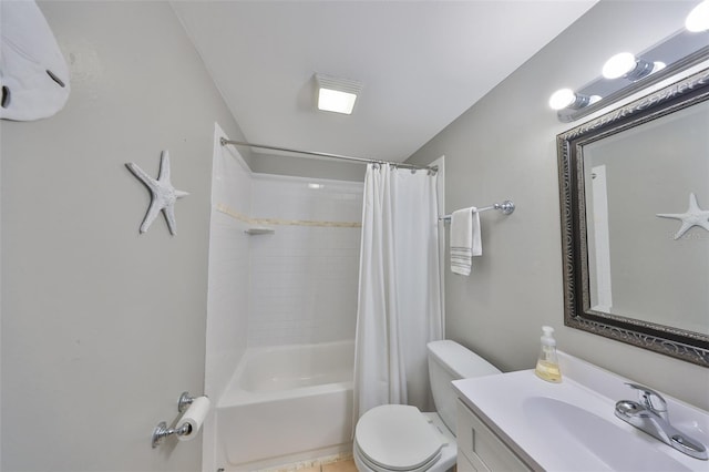 full bathroom featuring an AC wall unit, tile patterned flooring, vanity, toilet, and shower / bathtub combination with curtain