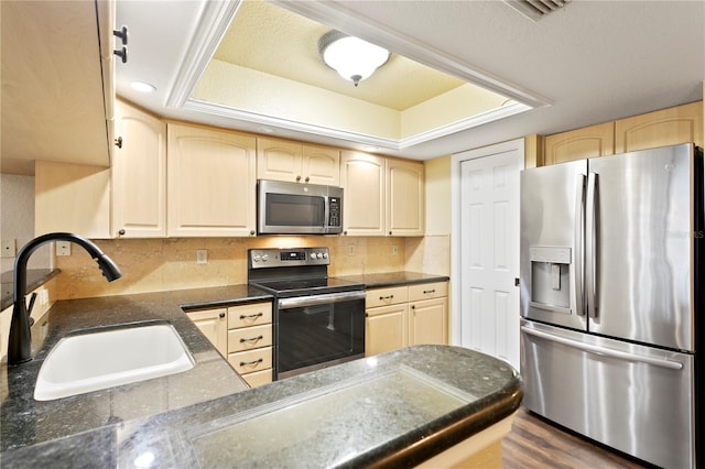 kitchen featuring light brown cabinetry, sink, a raised ceiling, and appliances with stainless steel finishes