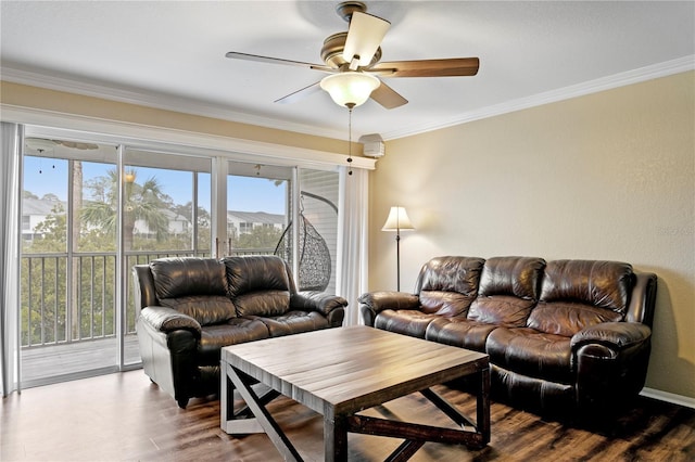 living room with crown molding, ceiling fan, and hardwood / wood-style floors