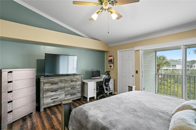 bedroom with ceiling fan, ornamental molding, dark hardwood / wood-style floors, and vaulted ceiling