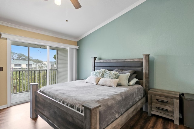 bedroom featuring crown molding, ceiling fan, dark hardwood / wood-style floors, and access to outside