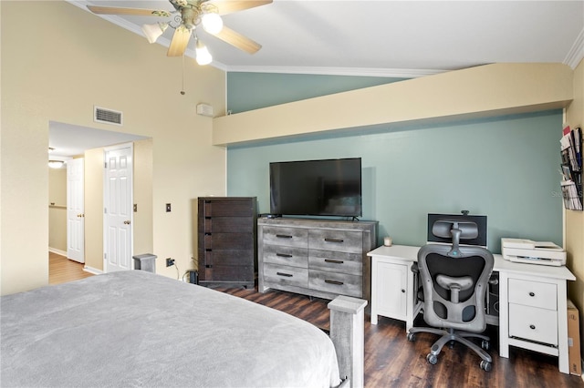 bedroom with ornamental molding, lofted ceiling, ceiling fan, and dark hardwood / wood-style flooring