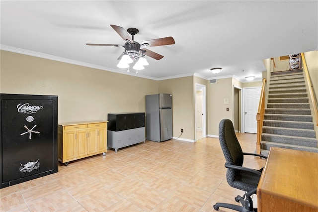 home office featuring ornamental molding and ceiling fan