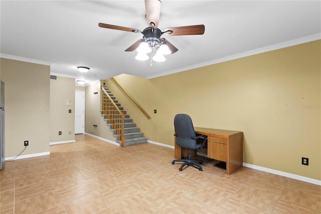 unfurnished office with ornamental molding and ceiling fan