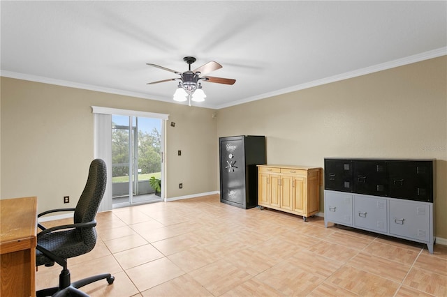 unfurnished office featuring light tile patterned floors, crown molding, and ceiling fan