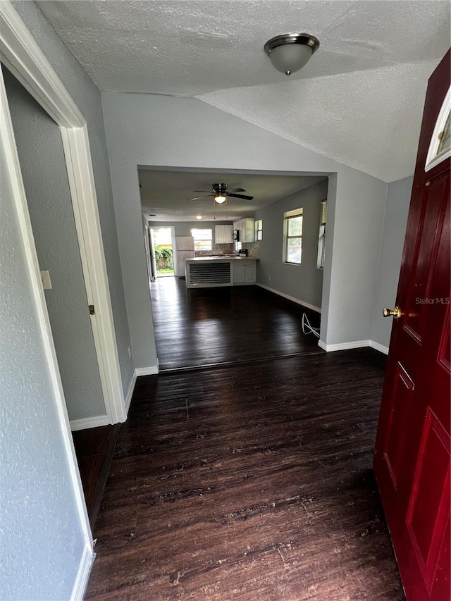 foyer featuring lofted ceiling, ceiling fan, dark hardwood / wood-style floors, and a textured ceiling