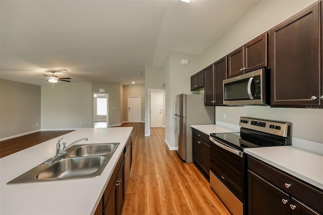 kitchen featuring sink, dark brown cabinets, light hardwood / wood-style flooring, appliances with stainless steel finishes, and ceiling fan