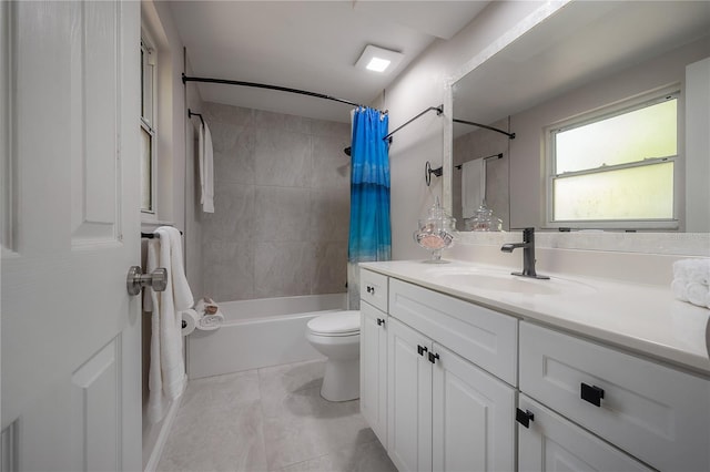 full bathroom with shower / bathtub combination with curtain, vanity, and toilet