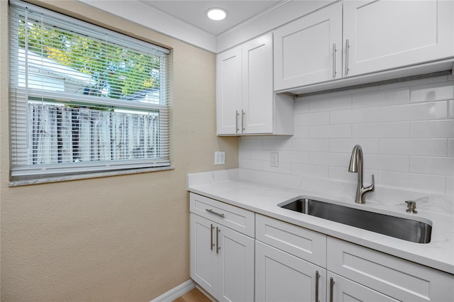 kitchen with white cabinetry, light stone countertops, sink, and decorative backsplash