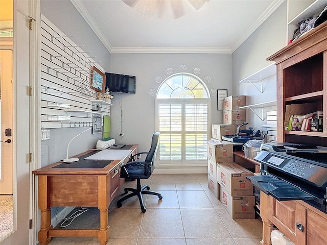 office space with light tile patterned flooring and crown molding