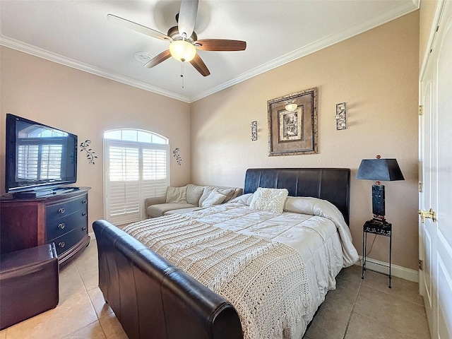 bedroom featuring light tile patterned floors, ornamental molding, and ceiling fan