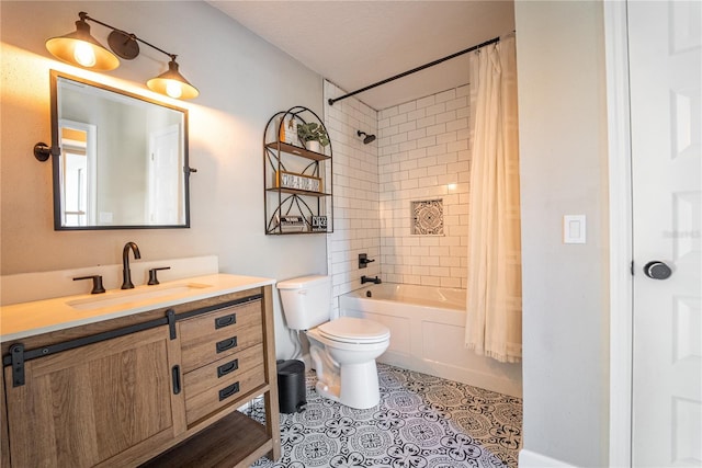 bathroom with shower / bath combo, vanity, toilet, and tile patterned floors