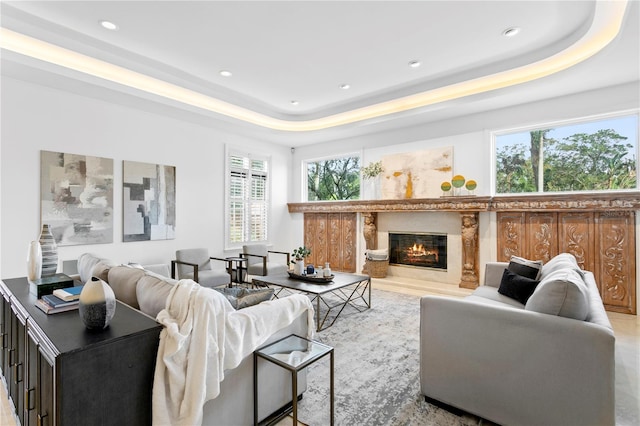 living room featuring a tray ceiling and a premium fireplace