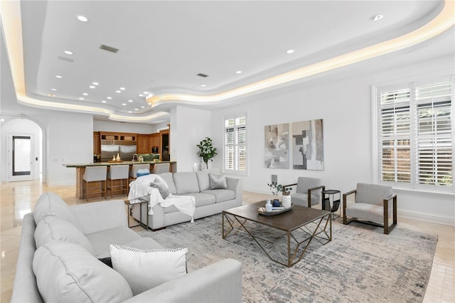 living room featuring a raised ceiling