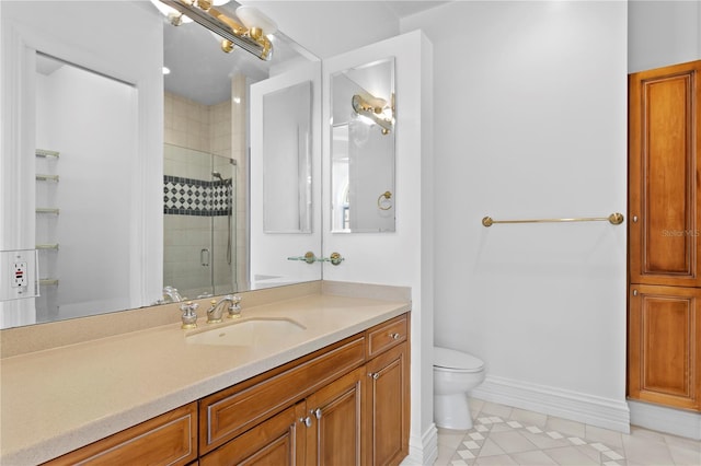 bathroom with walk in shower, vanity, toilet, and tile patterned flooring