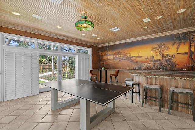 playroom featuring light tile patterned floors, wood ceiling, and french doors