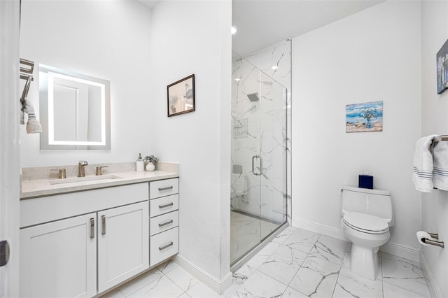 bathroom with a marble finish shower, baseboards, toilet, marble finish floor, and vanity