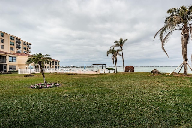 view of yard with a water view