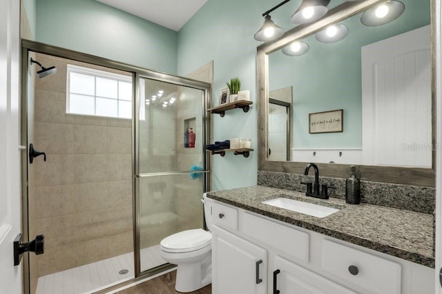 bathroom featuring toilet, a shower stall, vanity, and wood finished floors