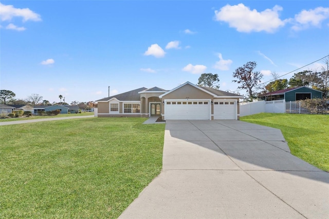 single story home with a garage and a front yard