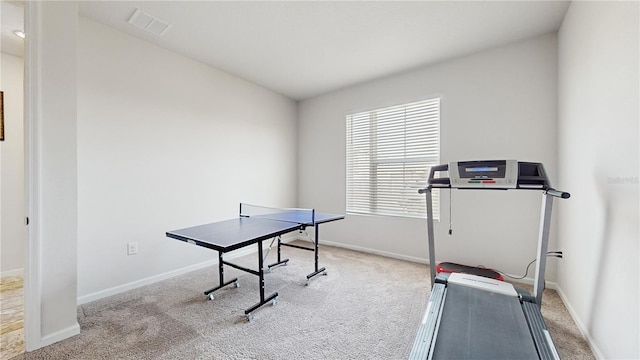 playroom featuring light colored carpet