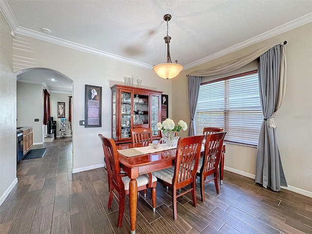 dining space with crown molding and a textured ceiling