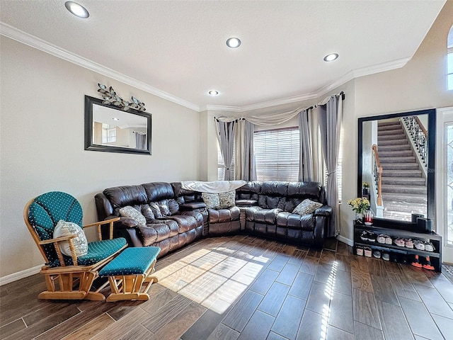 living room with crown molding and a textured ceiling