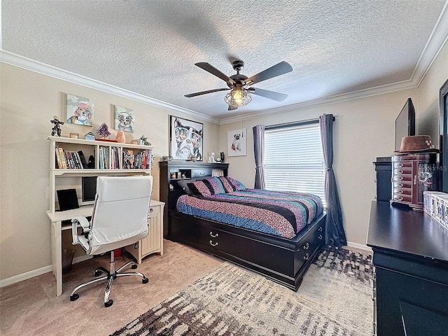 bedroom featuring ceiling fan, light colored carpet, ornamental molding, and a textured ceiling