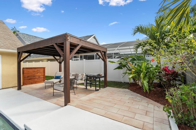 view of patio / terrace featuring an outdoor living space, a lanai, and area for grilling