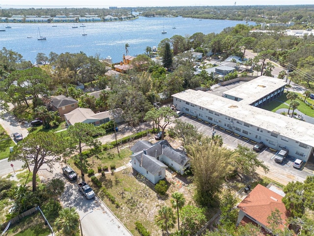 drone / aerial view featuring a water view