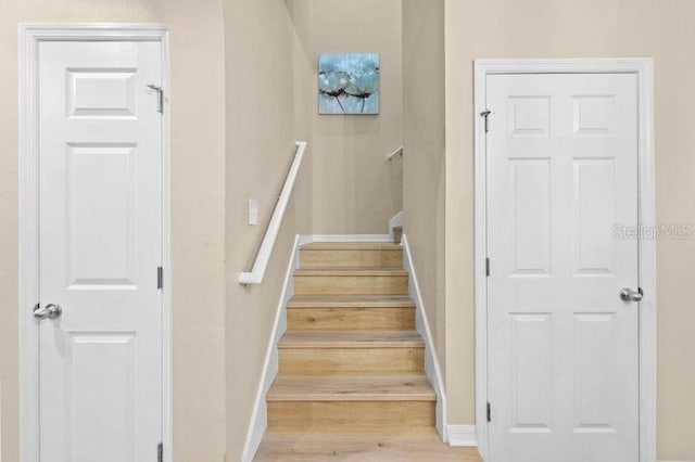 stairs with hardwood / wood-style flooring