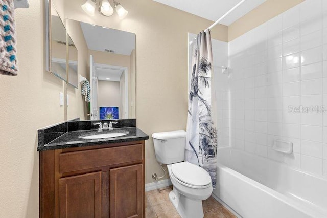 full bathroom featuring tile patterned flooring, vanity, toilet, and shower / bathtub combination with curtain