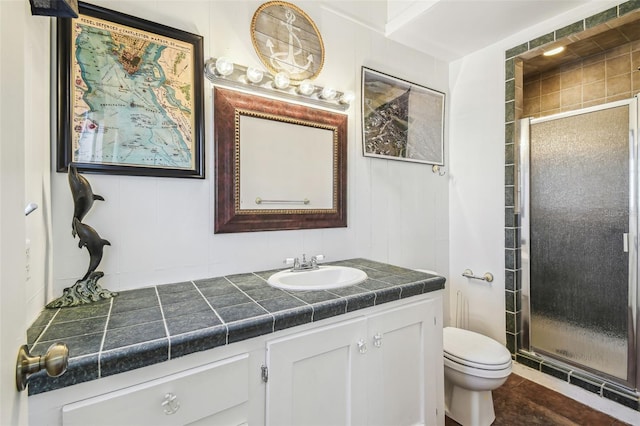 bathroom featuring vanity, an enclosed shower, and toilet