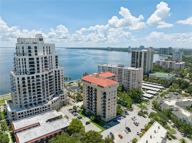 drone / aerial view with a water view