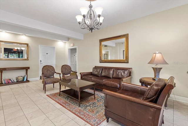 living room with light tile patterned flooring, beam ceiling, and a chandelier