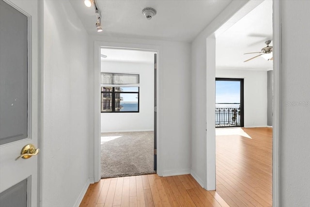 hall featuring track lighting and light hardwood / wood-style flooring