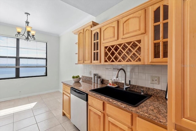 kitchen with decorative light fixtures, sink, backsplash, dark stone counters, and stainless steel dishwasher