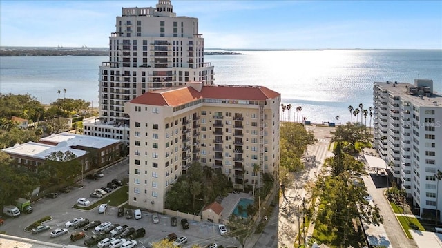 birds eye view of property featuring a water view