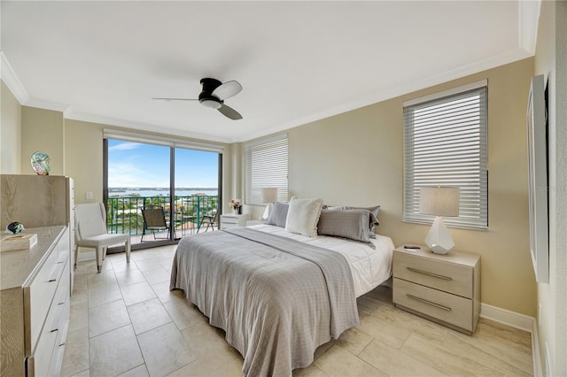 bedroom with access to exterior, light tile patterned floors, ornamental molding, and ceiling fan