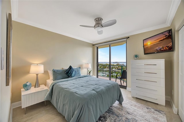 bedroom featuring crown molding, access to exterior, and ceiling fan