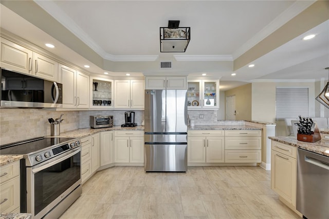 kitchen featuring light stone counters, ornamental molding, stainless steel appliances, and a tray ceiling