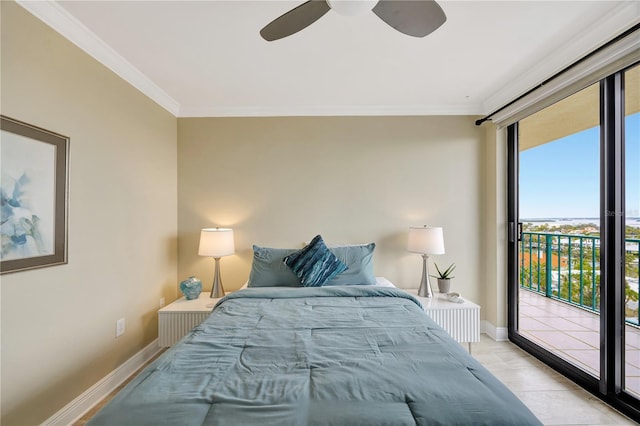 bedroom featuring access to exterior, crown molding, light hardwood / wood-style floors, and ceiling fan